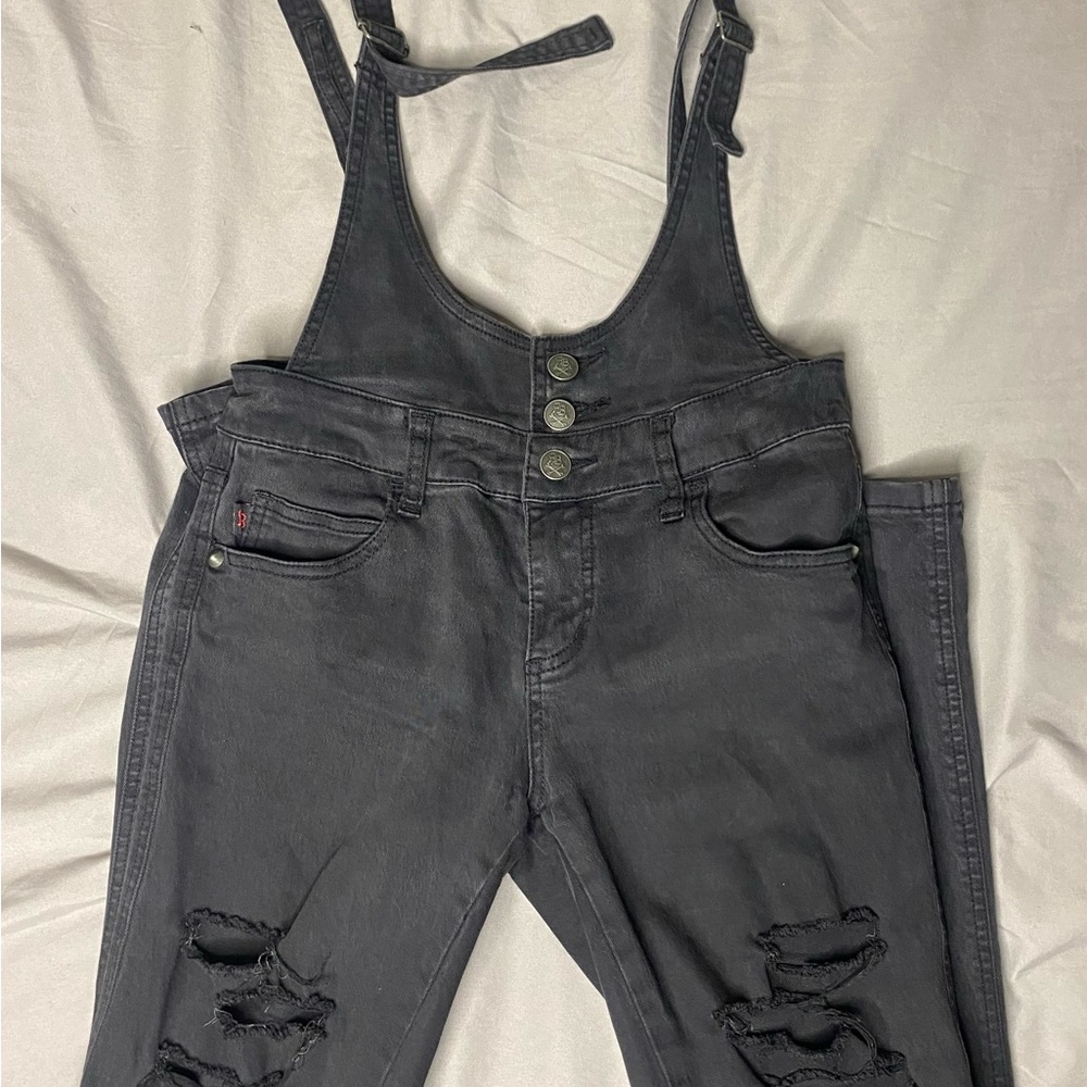 ROYAL BONES Women's Black Skinny Distressed Suspender Overalls 5 Tripp NYC